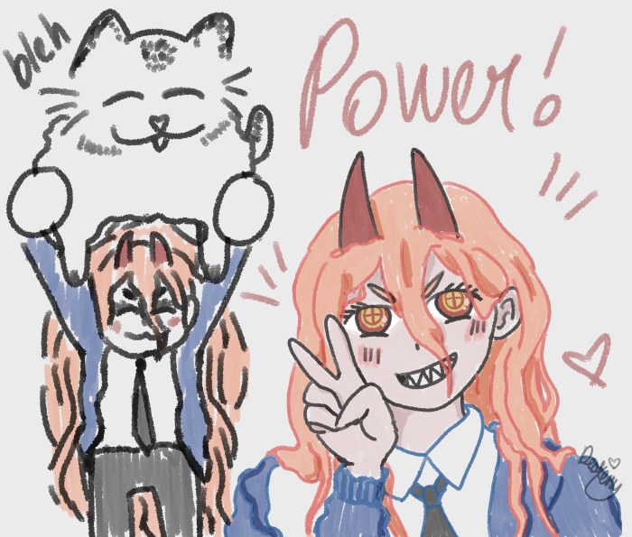 doodles of power and meowy from chainsaw man. i love them.